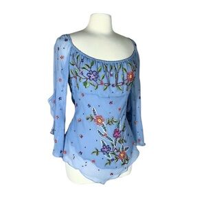 Aftershock Vintage Y2K Floral Embroidered Sequin 100% Silk Periwinkle Top Fairy